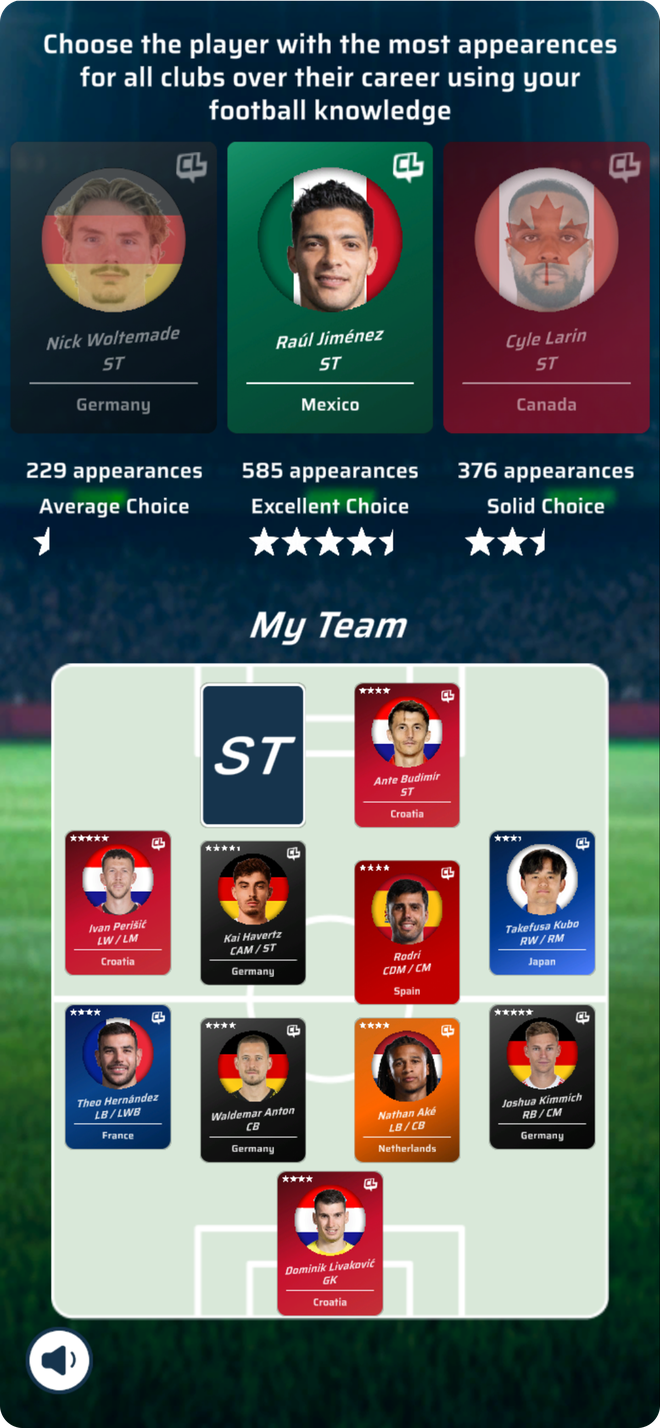 Choosing between three players in the Daily XI Challenge, each card showing career appearances and how strong the pick is