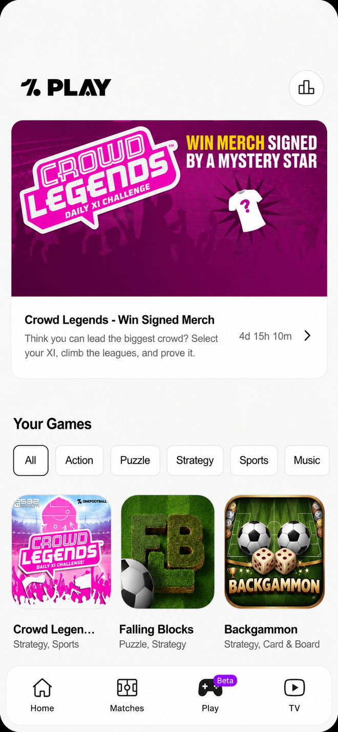 Crowd Legends Daily XI Challenge featured inside OneFootball's 1F Play games section