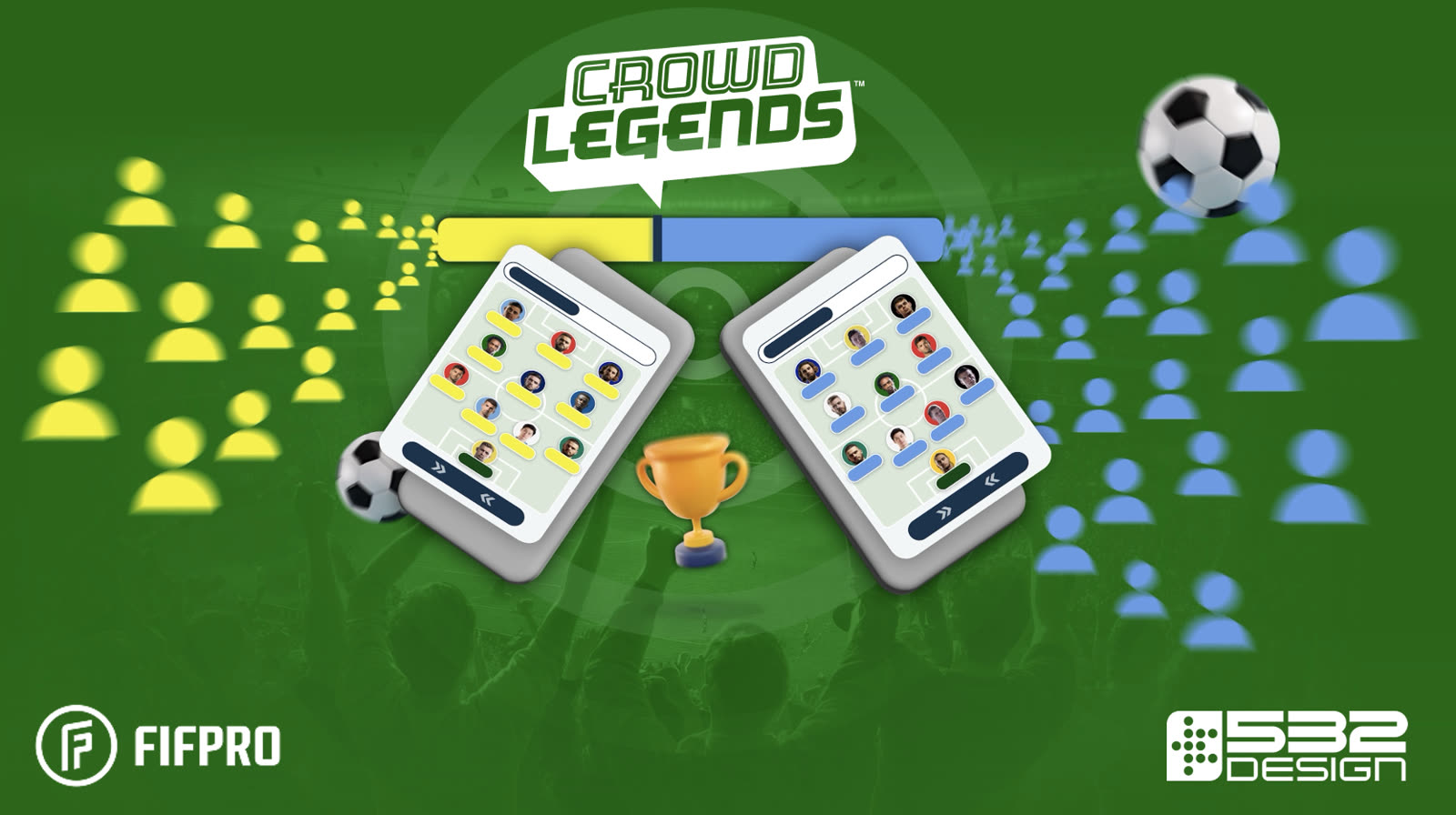 Crowd Legends and FIFPRO illustration: two fans' team sheets facing each other with a trophy between them, and a crowd split into two colours voting on which team wins