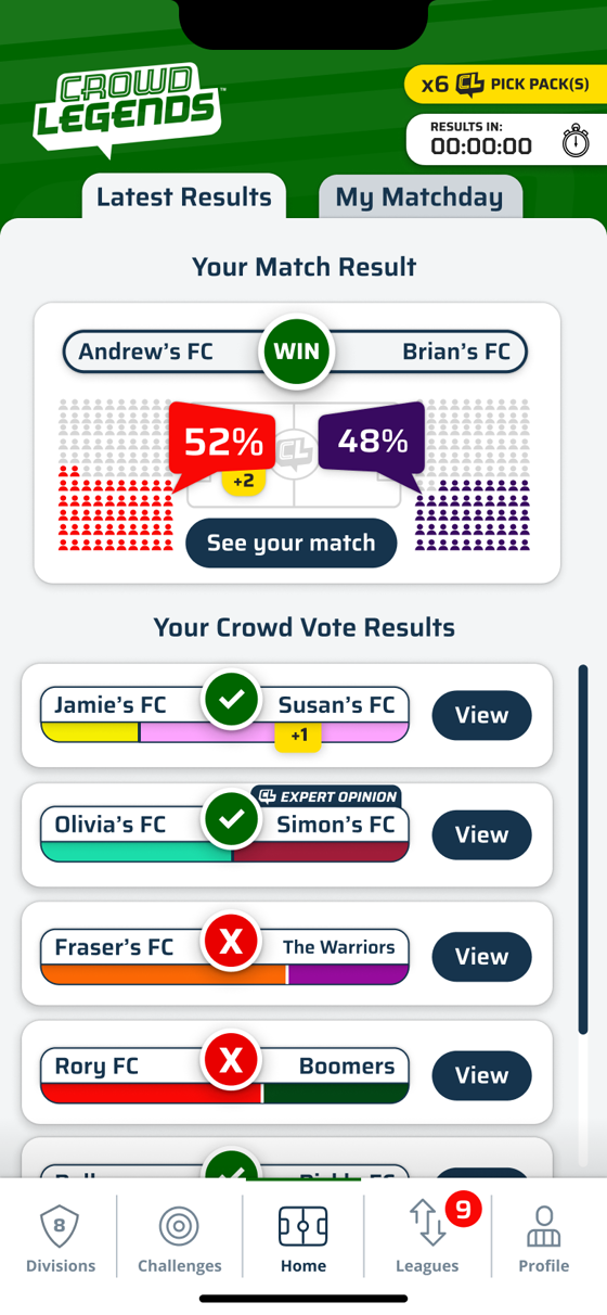 A settled crowd vote in Crowd Legends Native Mobile, showing the percentage split between two fans' teams
