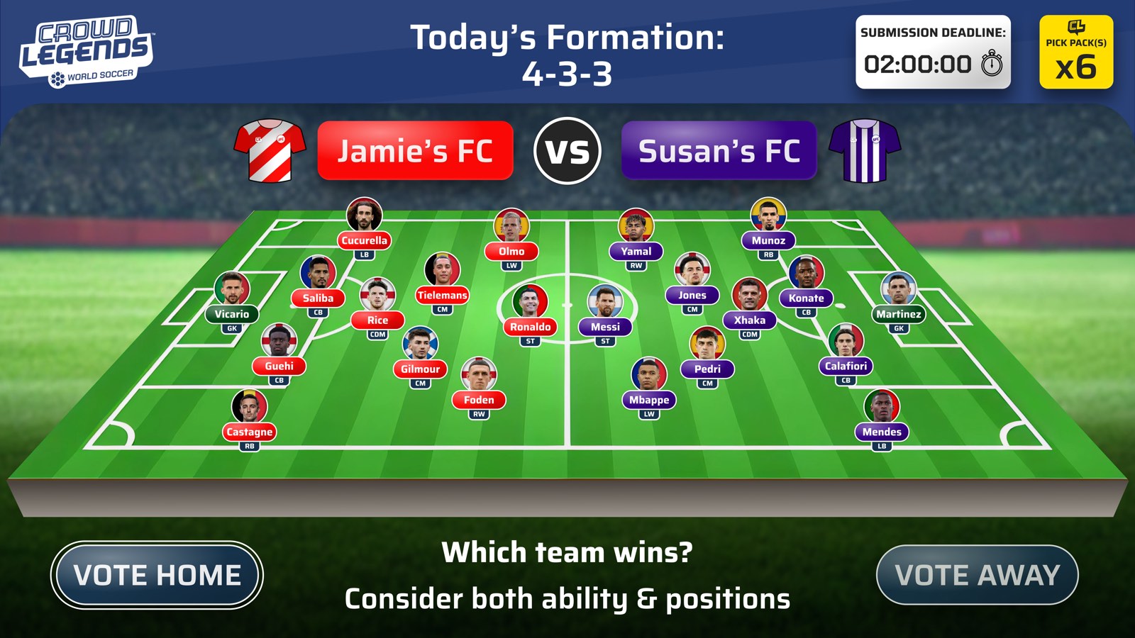 The Crowd Legends landscape build: two fan-built teams facing each other on a full-width pitch, with Vote Home and Vote Away controls beneath